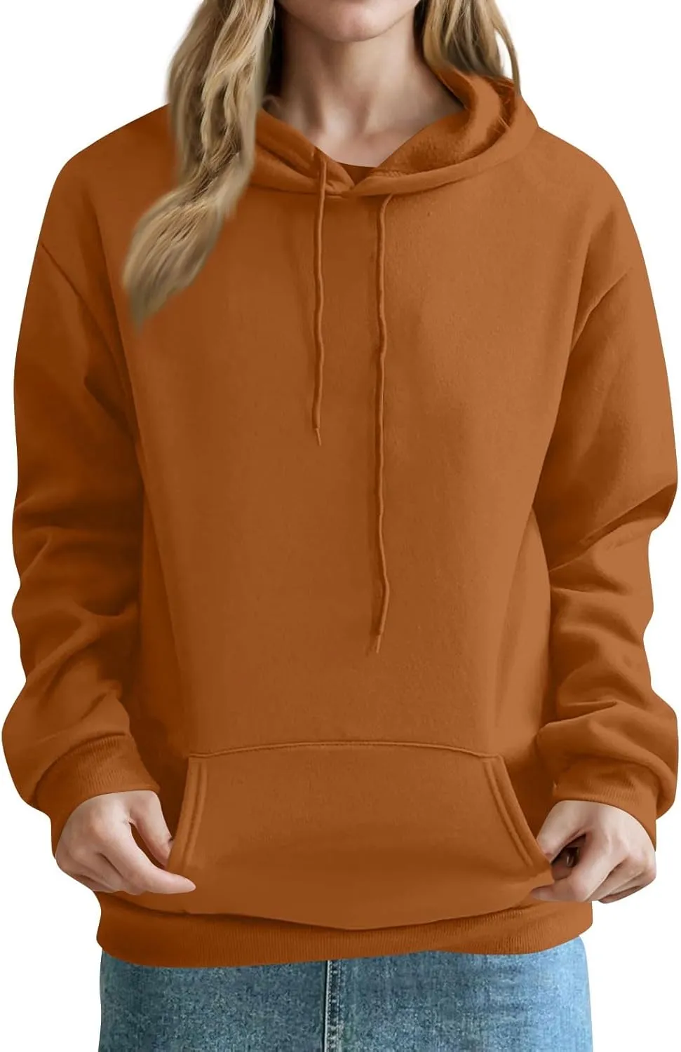 Fleece Hoodie Women Lightweight Drop Shoulder Oversized Sweatshirt Drawstring Casual Plush Workout Hoodies w/Pockets