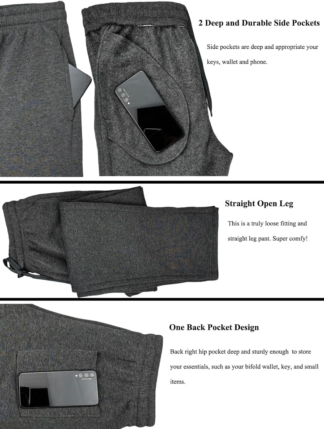 Fleece Lined Mens Sweatpant Basic Baggy Athletic Running Drawstring Open Bottom Workout Active Sweat Pants