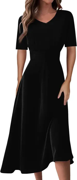 FlekmanArt Midi Dresses for Women A-Line Printing Swing Dress Short Sleeve Maxi Dress Waist V Neck Dressy Beach Dress