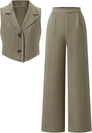 Floerns Girl's 2 Piece Outfits Elegant Striped Sleeveless Suit Vest & Long Elastic Casual Pants Set