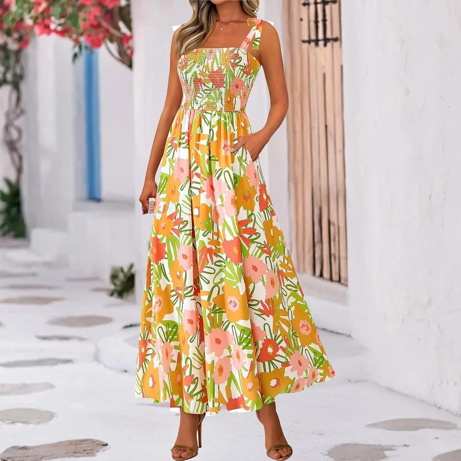 Floral Dress for Women Summer Casual Flowy Smocked Empire Waist Sleeveless Tie Beach A Line Maxi Dresses with Pockets