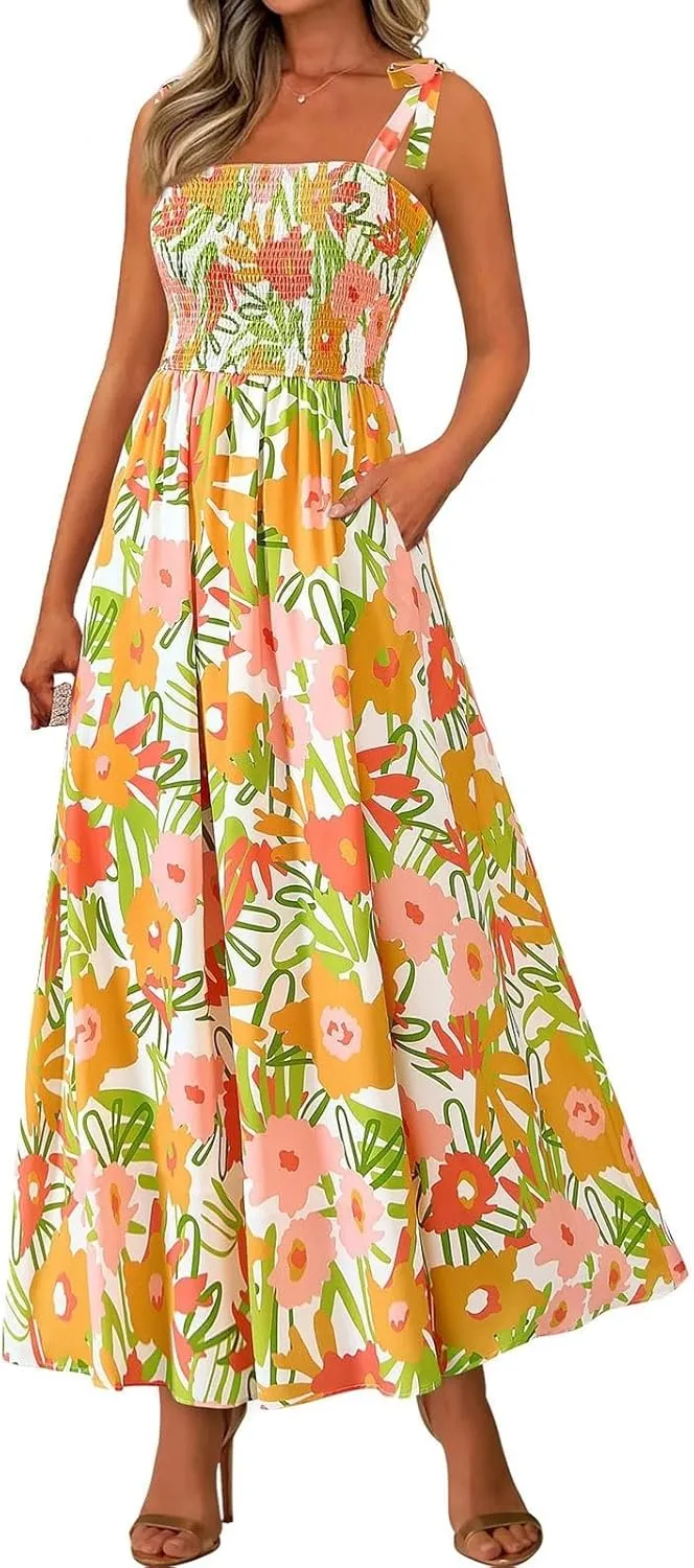 Floral Dress for Women Summer Casual Flowy Smocked Empire Waist Sleeveless Tie Beach A Line Maxi Dresses with Pockets