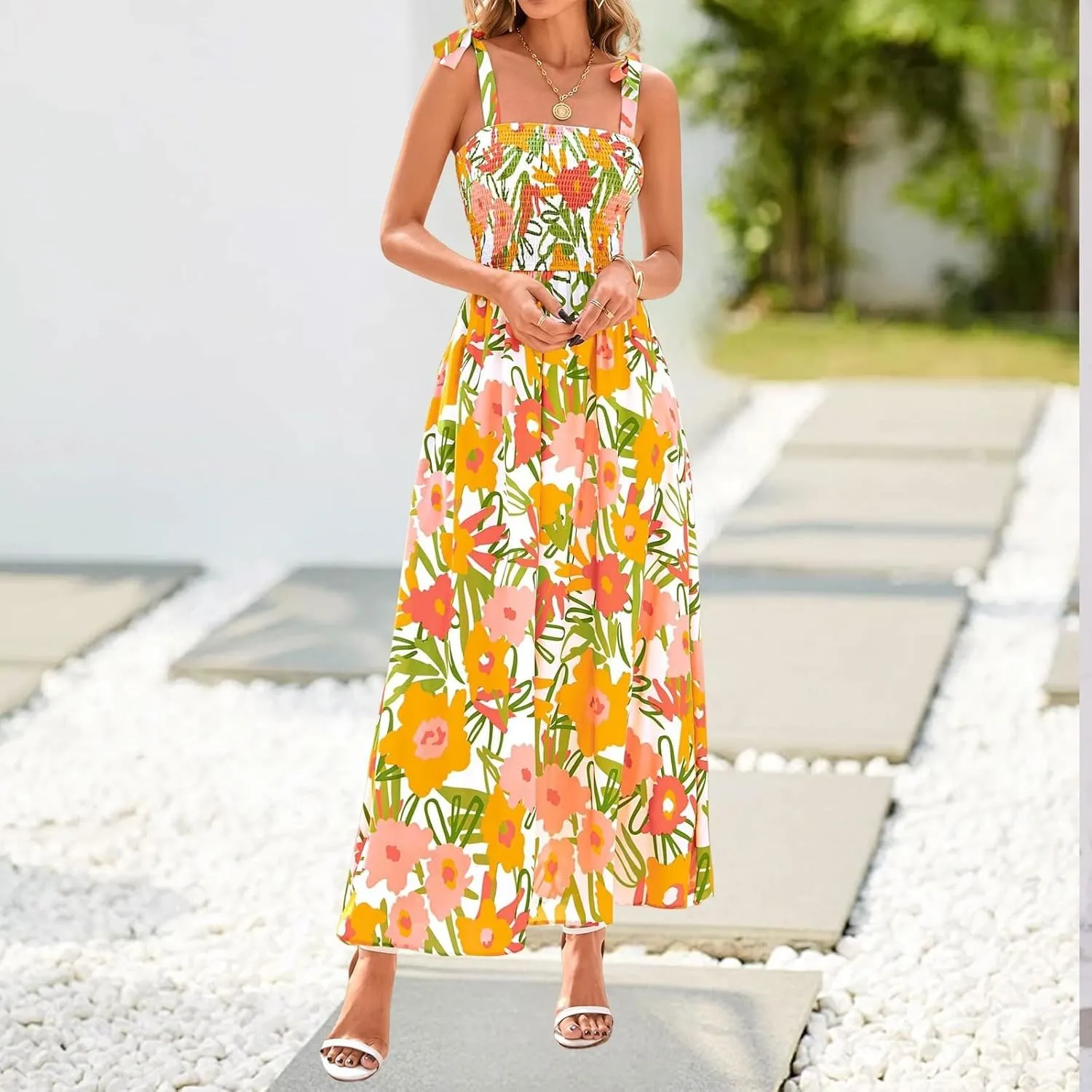 Floral Dress for Women Summer Casual Flowy Smocked Empire Waist Sleeveless Tie Beach A Line Maxi Dresses with Pockets