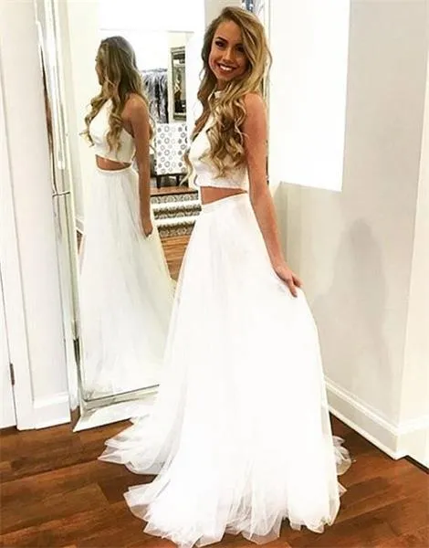 Flowy Ivory Two Pieces Halter Backless Prom Dress For Teens