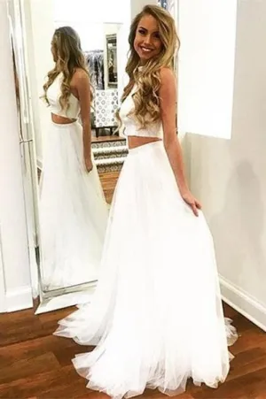 Flowy Ivory Two Pieces Halter Backless Prom Dress For Teens