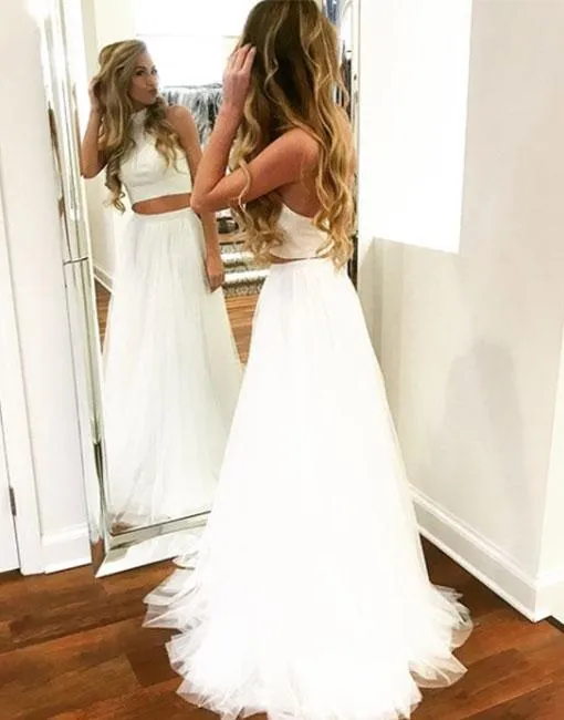 Flowy Ivory Two Pieces Halter Backless Prom Dress For Teens