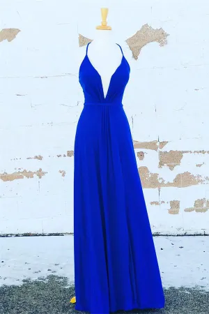 Flowy Long A-line Lace Up Royal Blue Chiffon Prom Dress