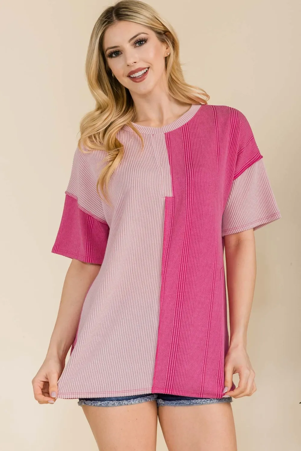 Full Size Ribbed Color Block Short Sleeve T-Shirt