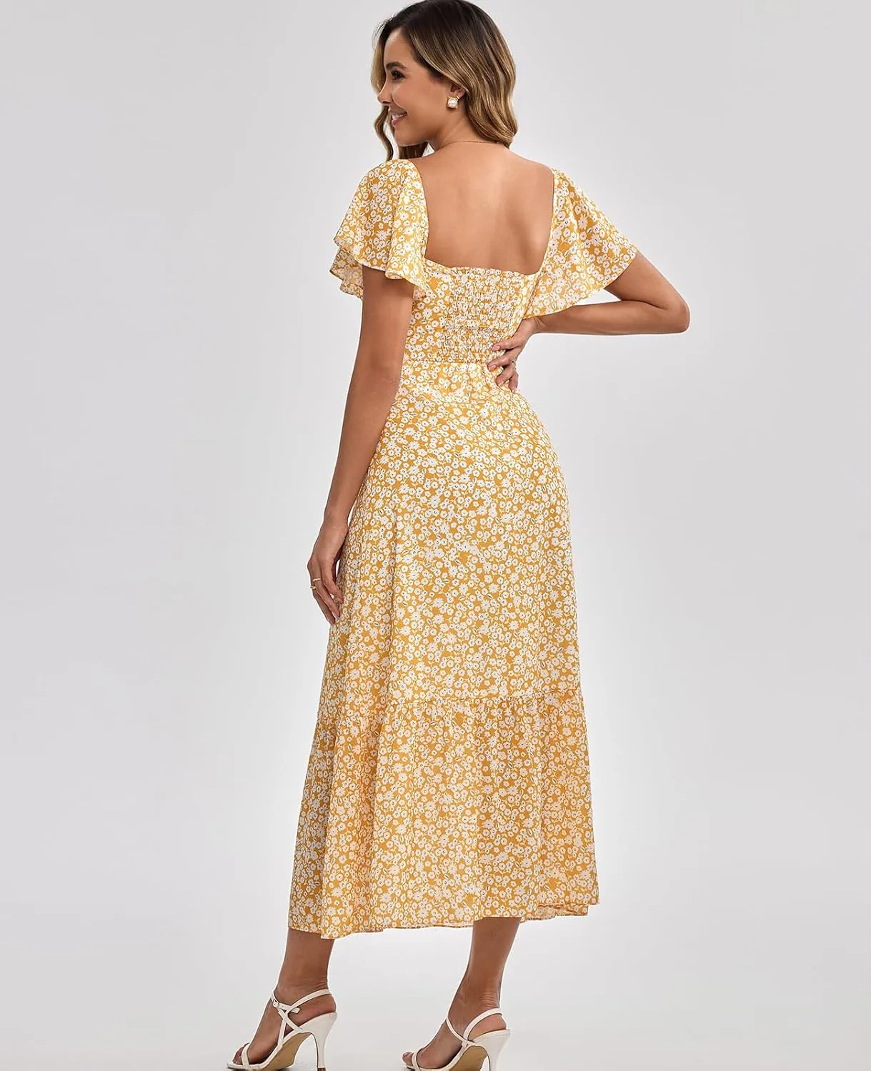 GLNEGE Women's 2025 Summer Midi Floral Boho Dresses Casual Flowy Beach Short Sleeve Dress Ruffle Hem Smocked Sundresses