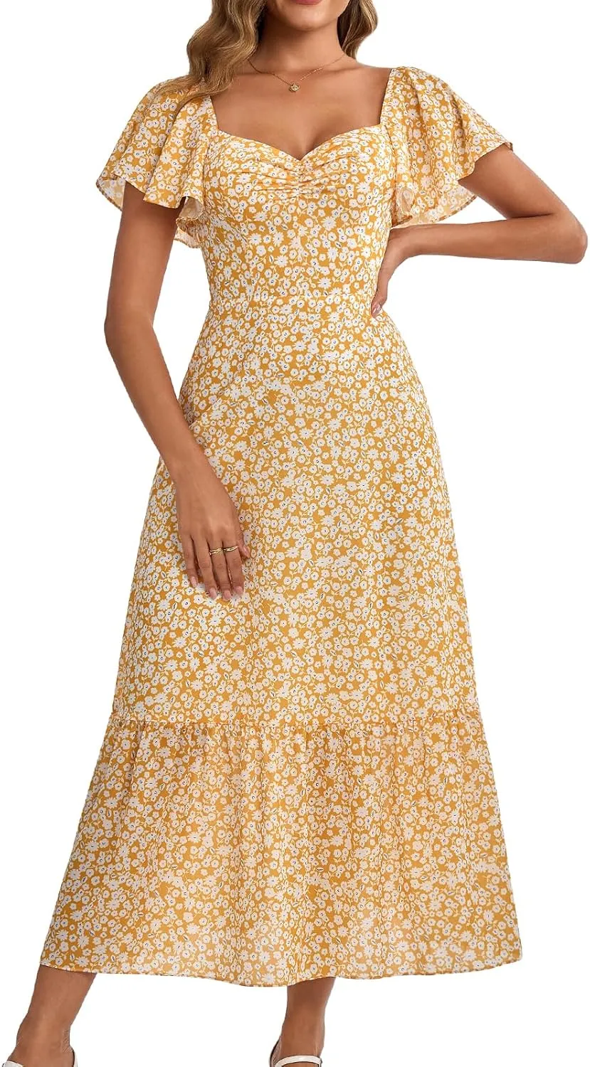 GLNEGE Women's 2025 Summer Midi Floral Boho Dresses Casual Flowy Beach Short Sleeve Dress Ruffle Hem Smocked Sundresses