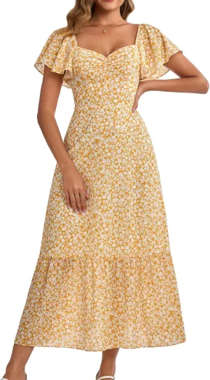 GLNEGE Women's 2025 Summer Midi Floral Boho Dresses Casual Flowy Beach Short Sleeve Dress Ruffle Hem Smocked Sundresses