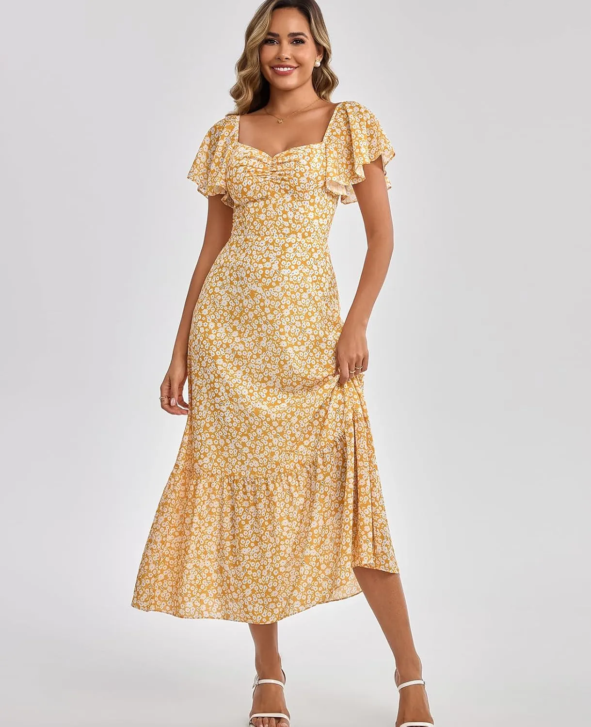 GLNEGE Women's 2025 Summer Midi Floral Boho Dresses Casual Flowy Beach Short Sleeve Dress Ruffle Hem Smocked Sundresses