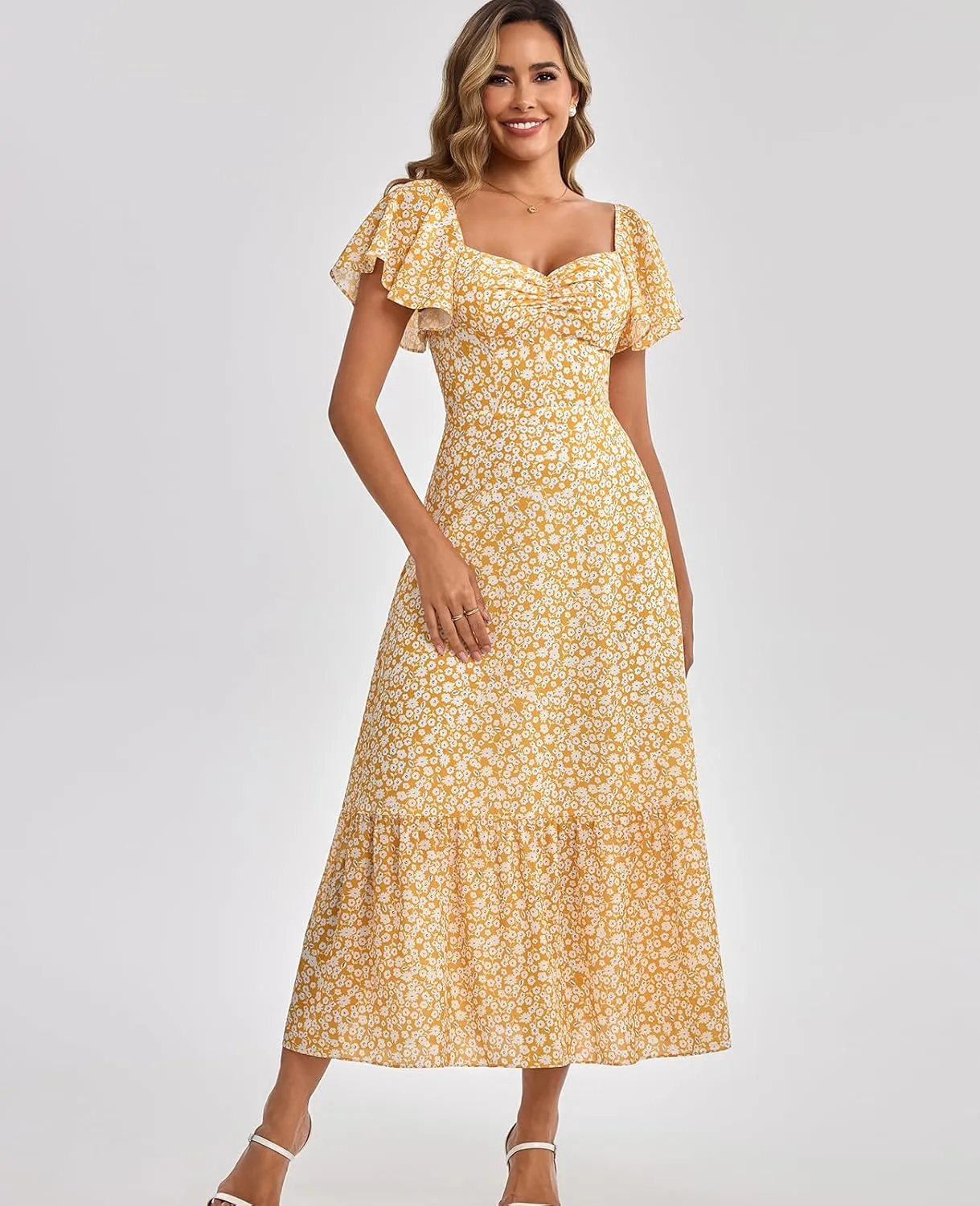 GLNEGE Women's 2025 Summer Midi Floral Boho Dresses Casual Flowy Beach Short Sleeve Dress Ruffle Hem Smocked Sundresses