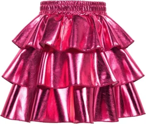 GRACE KARIN Girls Metallic Party Skirt Girls Fashion 3 Layer Ruffle Skirt 5-14Y