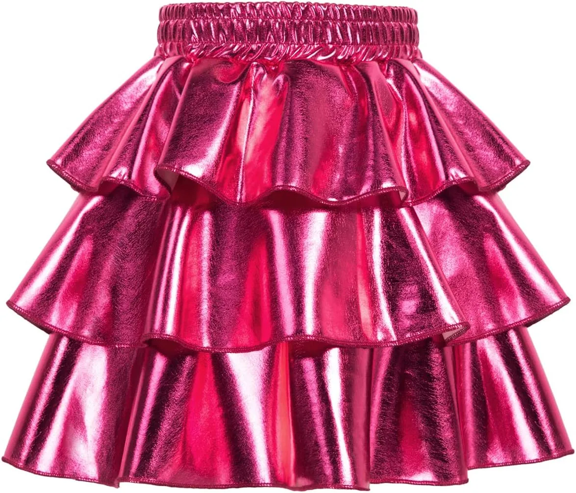 GRACE KARIN Girls Metallic Party Skirt Girls Fashion 3 Layer Ruffle Skirt 5-14Y