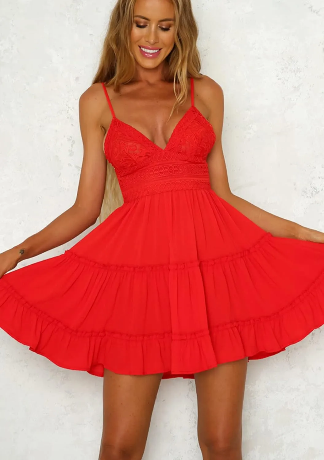GRASWE Womens Summer V Neck Bowknot Spaghetti Strap Lace Dresses Sleeveless Flowy Dresses
