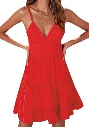 GRASWE Womens Summer V Neck Bowknot Spaghetti Strap Lace Dresses Sleeveless Flowy Dresses