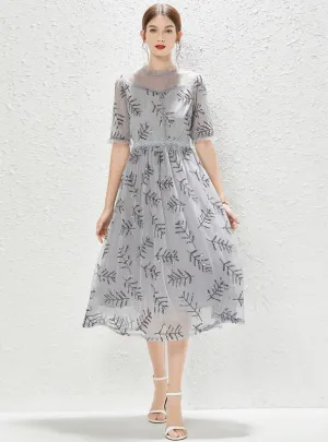 Grey Gauze Sequined Short Sleeve Dress