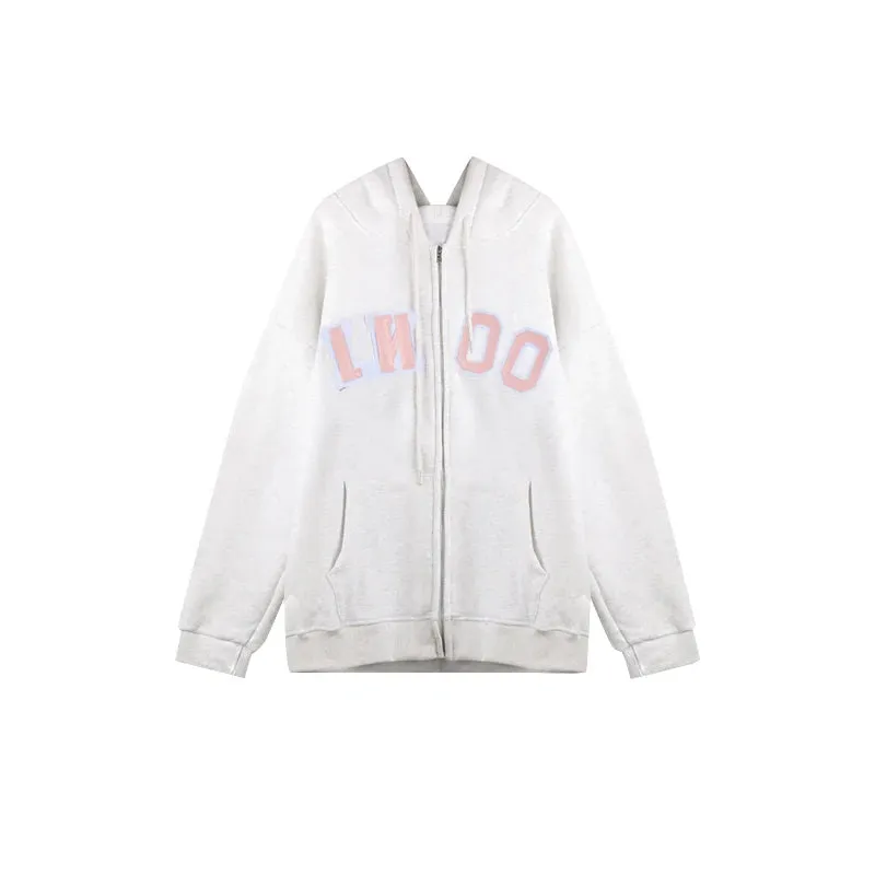 Grey Zip-up Loose Hooded Female Sweatshirts Autumn Streetwear American Vintage Casual O-neck Women's Hoodies Office Lady