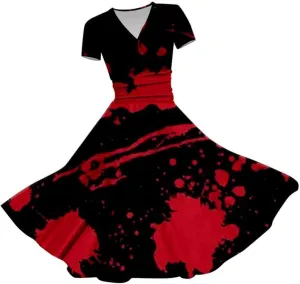 Halloween Dresses for Women Plus Size Bloody Print Short Sleeve V Neck Midi A-Line Horror Party Dress Costumes 2024
