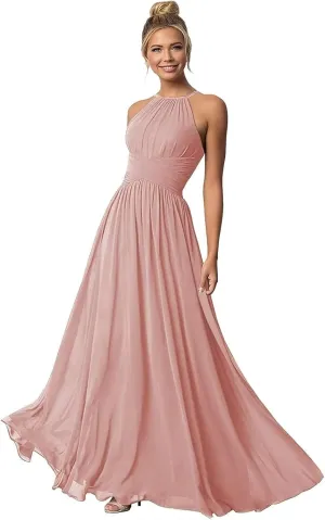 Halter Bridesmaid Dresses Backless Chiffon Long Bridesmaid Dress Evening Dresses for Women Formal with Pockets