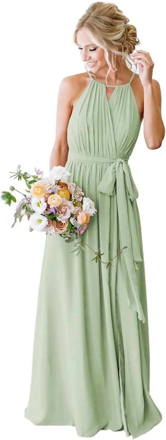 Halter Chiffon Bridesmaid Dresses for Women Pleated A Line Formal Dress Evening Party Gowns with Pockets
