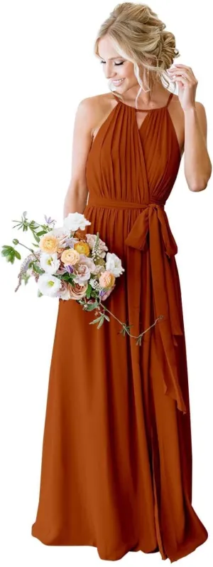 Halter Chiffon Bridesmaid Dresses for Women Pleated A Line Formal Dress Evening Party Gowns with Pockets