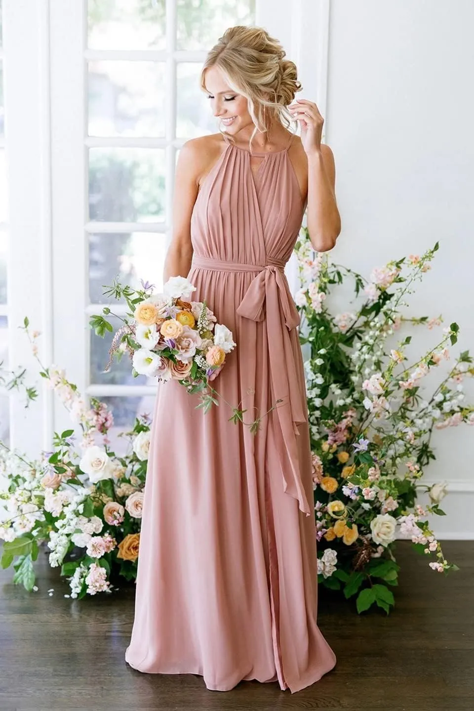 Halter Chiffon Bridesmaid Dresses for Women Pleated A Line Formal Dress Evening Party Gowns with Pockets