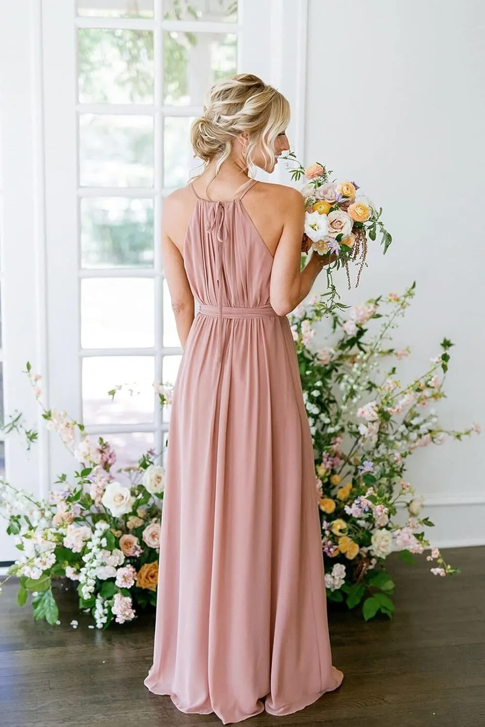 Halter Chiffon Bridesmaid Dresses for Women Pleated A Line Formal Dress Evening Party Gowns with Pockets