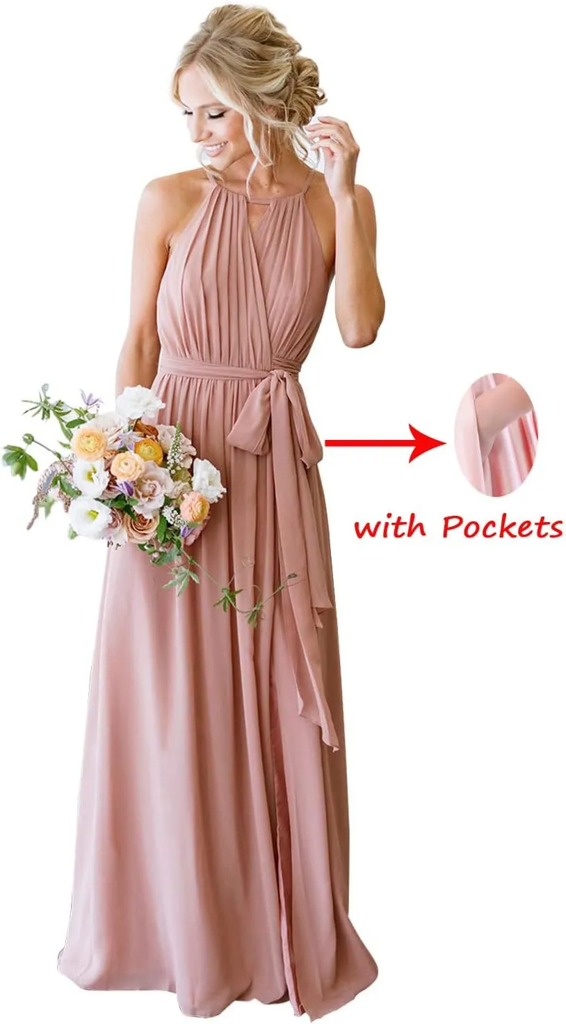Halter Chiffon Bridesmaid Dresses for Women Pleated A Line Formal Dress Evening Party Gowns with Pockets