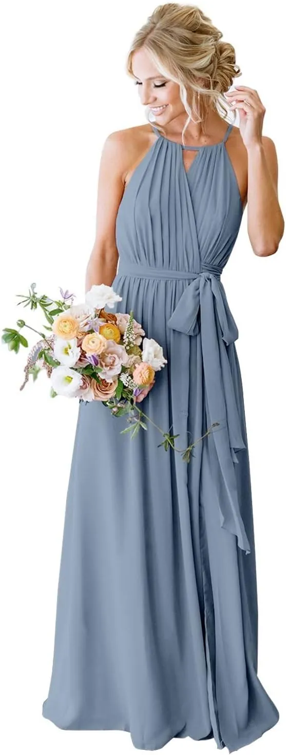 Halter Chiffon Bridesmaid Dresses for Women Pleated A Line Formal Dress Evening Party Gowns with Pockets