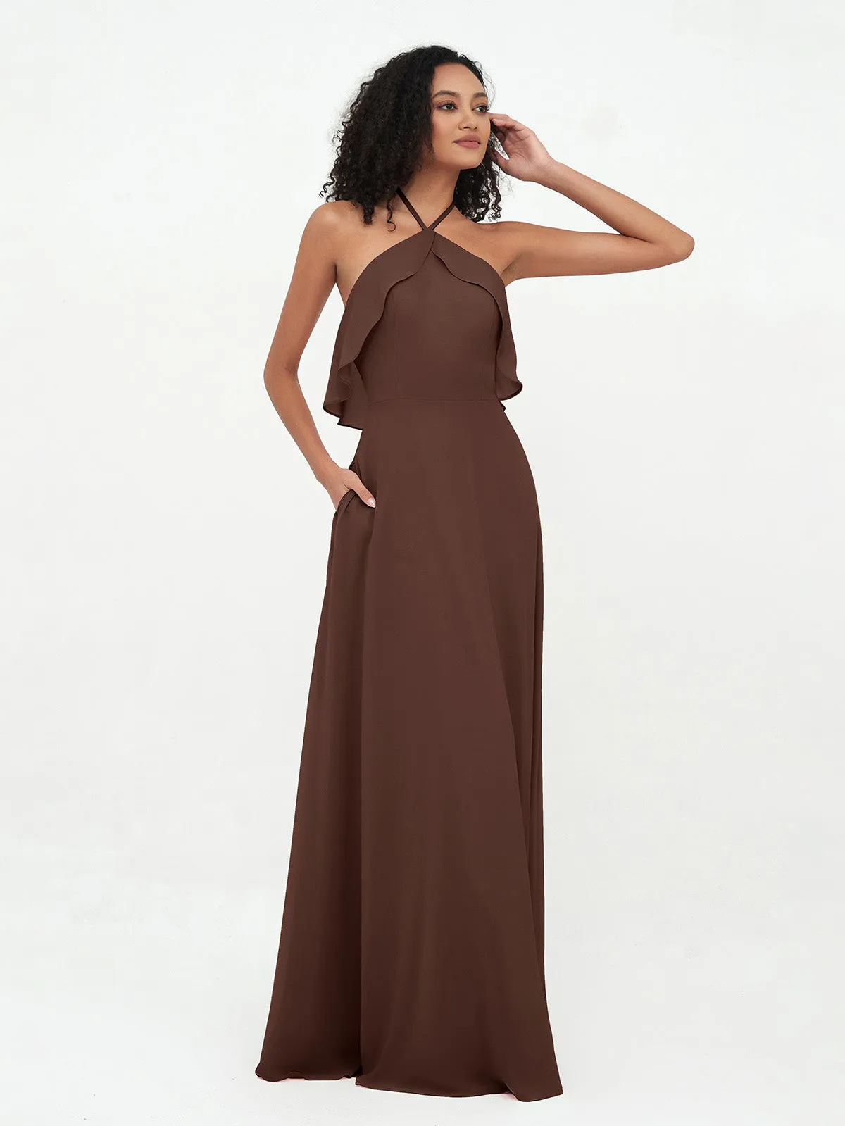 Halter Strap Chiffon Long Bridesmaid Dresses Chocolate Plus Size