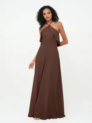 Halter Strap Chiffon Long Bridesmaid Dresses Chocolate Plus Size