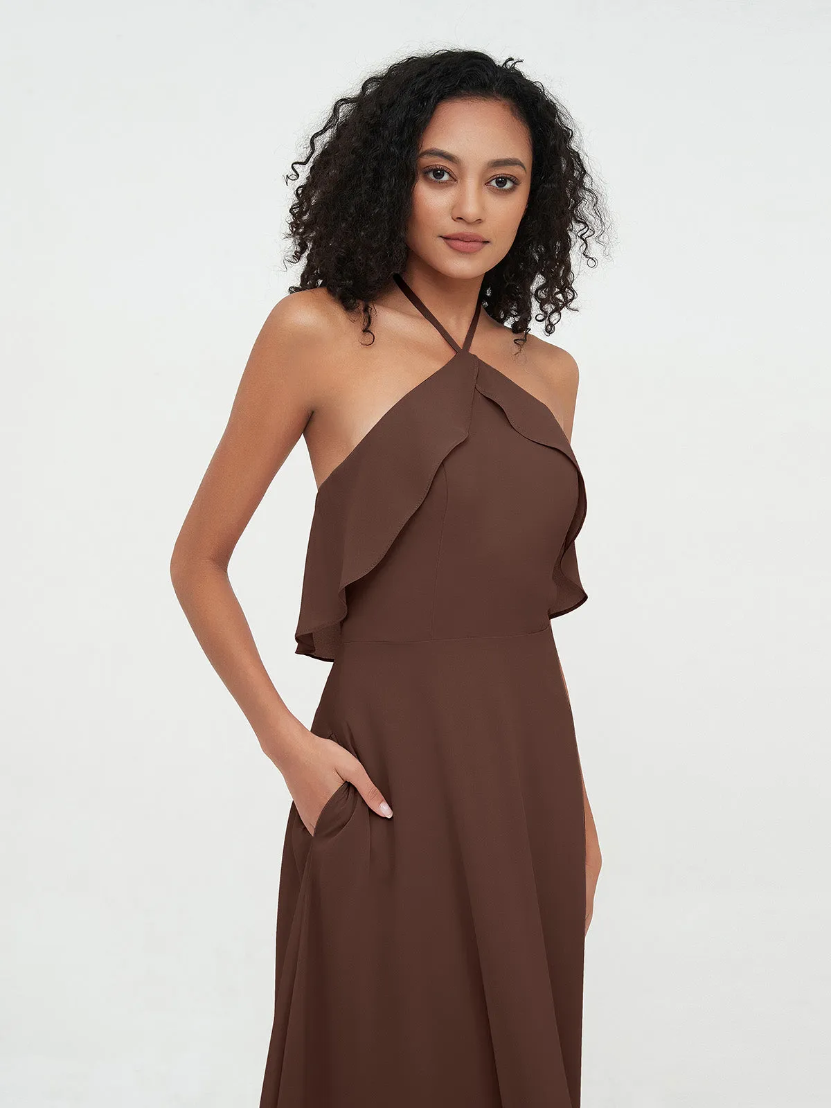 Halter Strap Chiffon Long Bridesmaid Dresses Chocolate Plus Size
