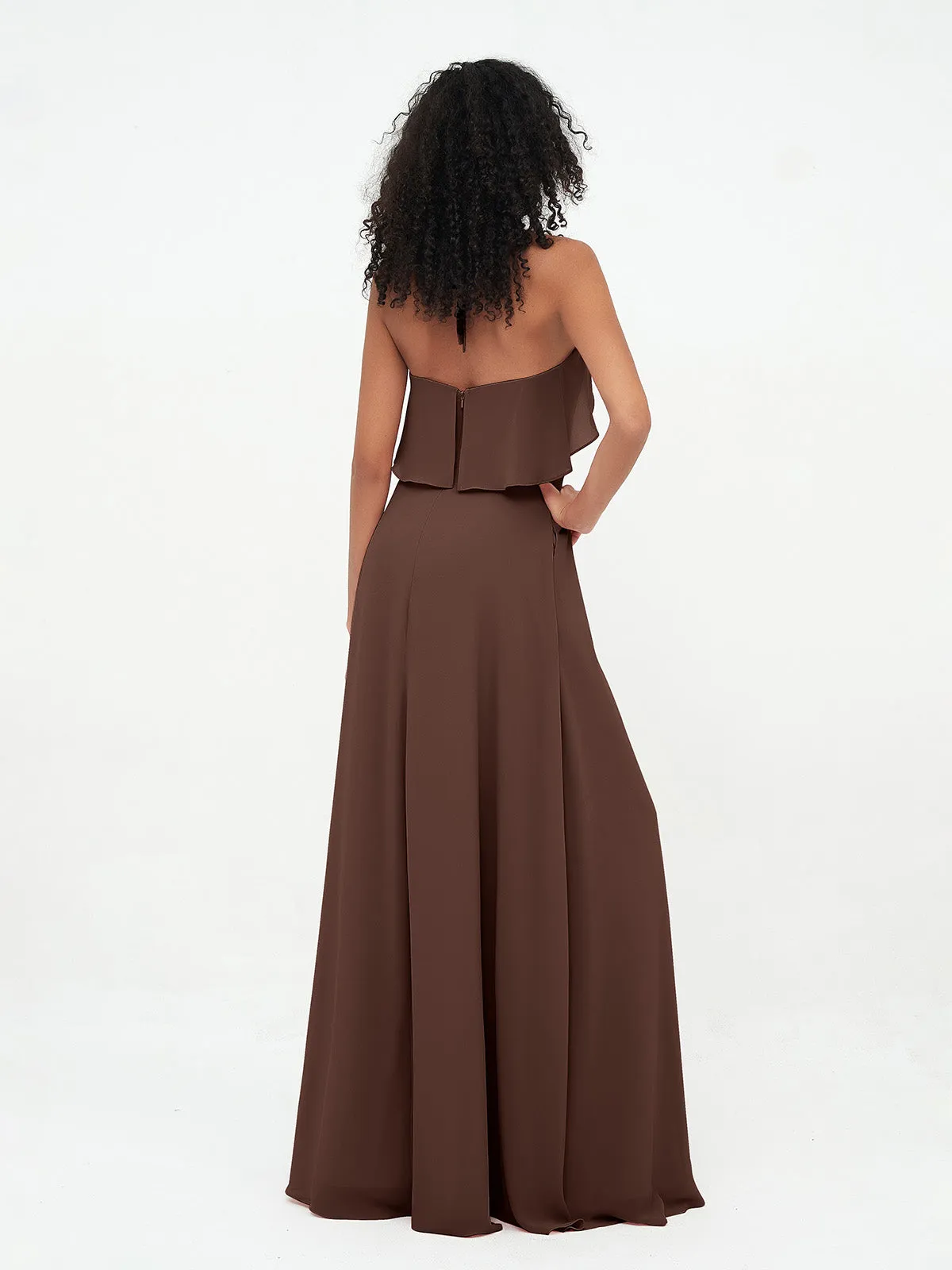 Halter Strap Chiffon Long Bridesmaid Dresses Chocolate Plus Size