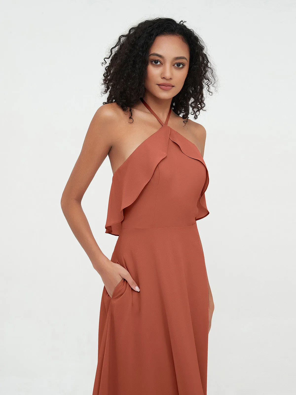 Halter Strap Chiffon Long Bridesmaid Dresses Rust