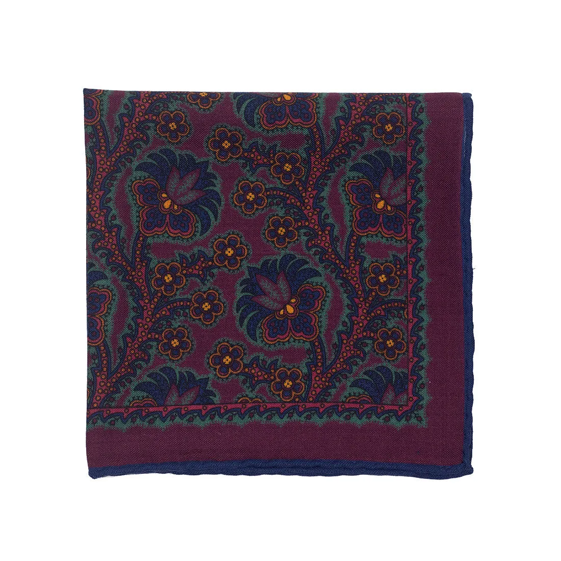 Hand-printed burgundy silk pocket square, navy, gold & green floral print