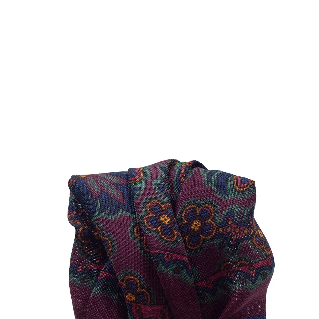 Hand-printed burgundy silk pocket square, navy, gold & green floral print