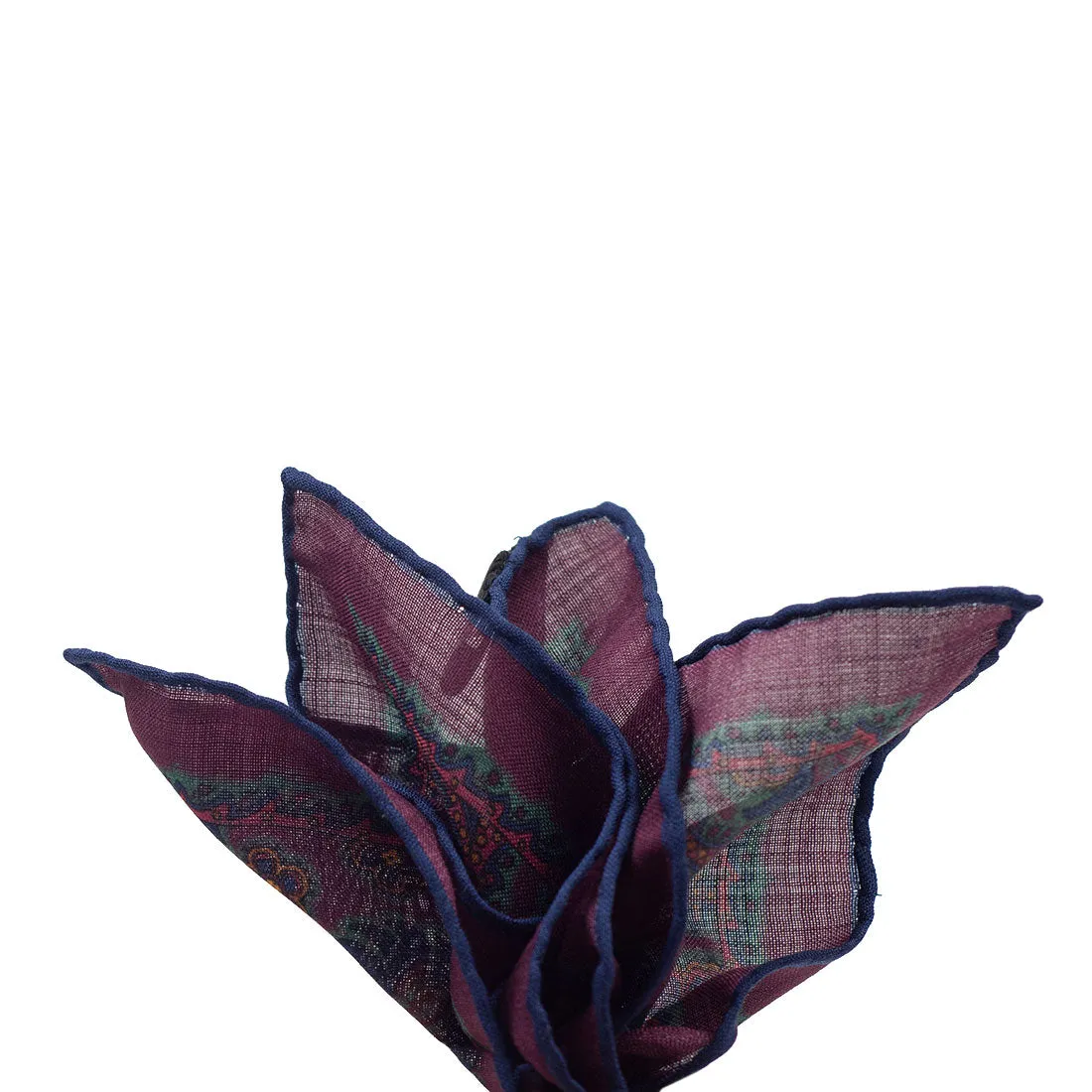 Hand-printed burgundy silk pocket square, navy, gold & green floral print