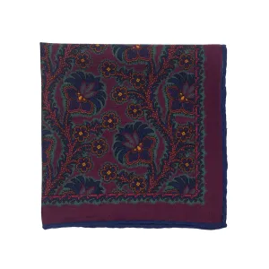 Hand-printed burgundy silk pocket square, navy, gold & green floral print
