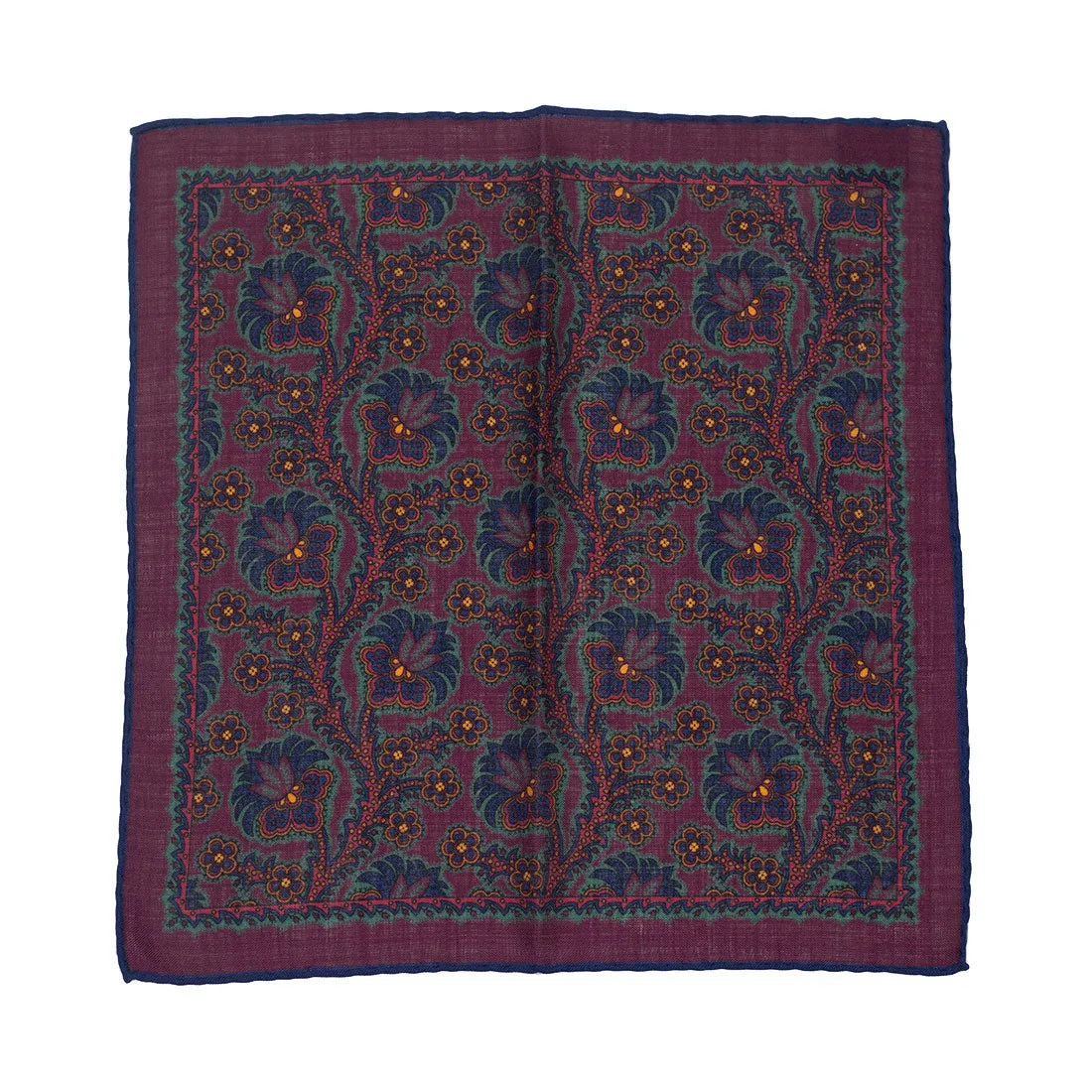Hand-printed burgundy silk pocket square, navy, gold & green floral print