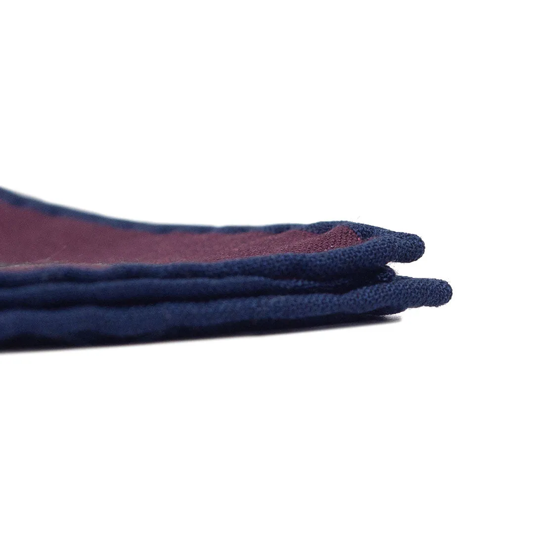Hand-printed burgundy silk pocket square, navy, gold & green floral print