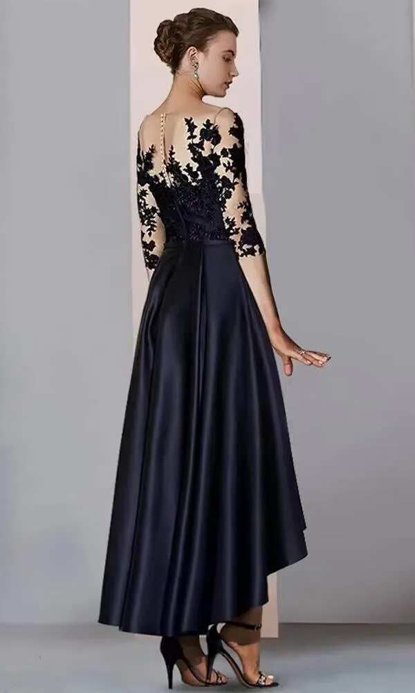 High Low Mother of The Bride Dresses with Pockets Lace Appliques Satin Formal Evening Party Gown