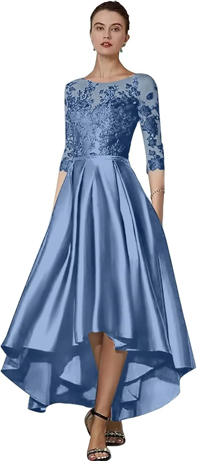 High Low Mother of The Bride Dresses with Pockets Lace Appliques Satin Formal Evening Party Gown