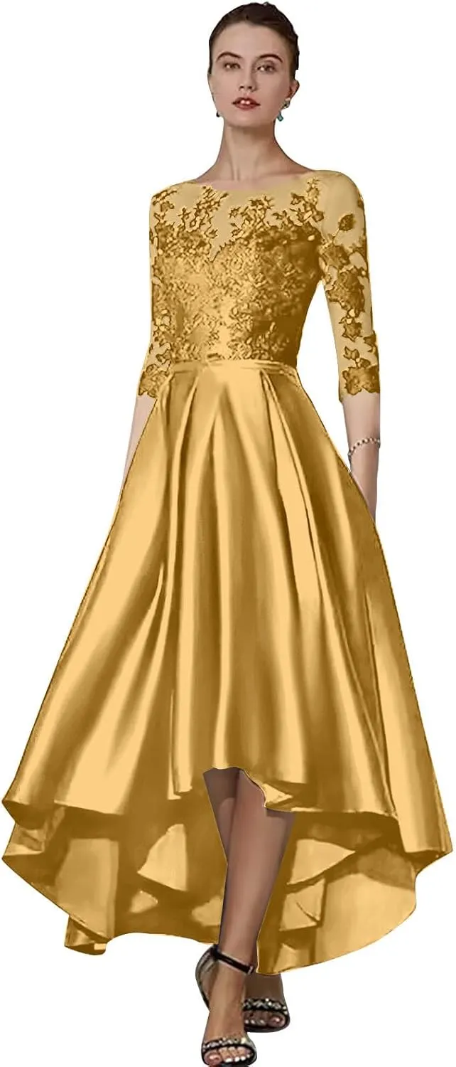 High Low Mother of The Bride Dresses with Pockets Lace Appliques Satin Formal Evening Party Gown