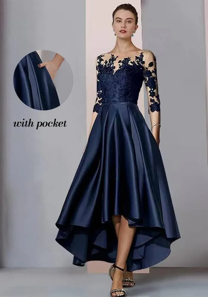 High Low Mother of The Bride Dresses with Pockets Lace Appliques Satin Formal Evening Party Gown