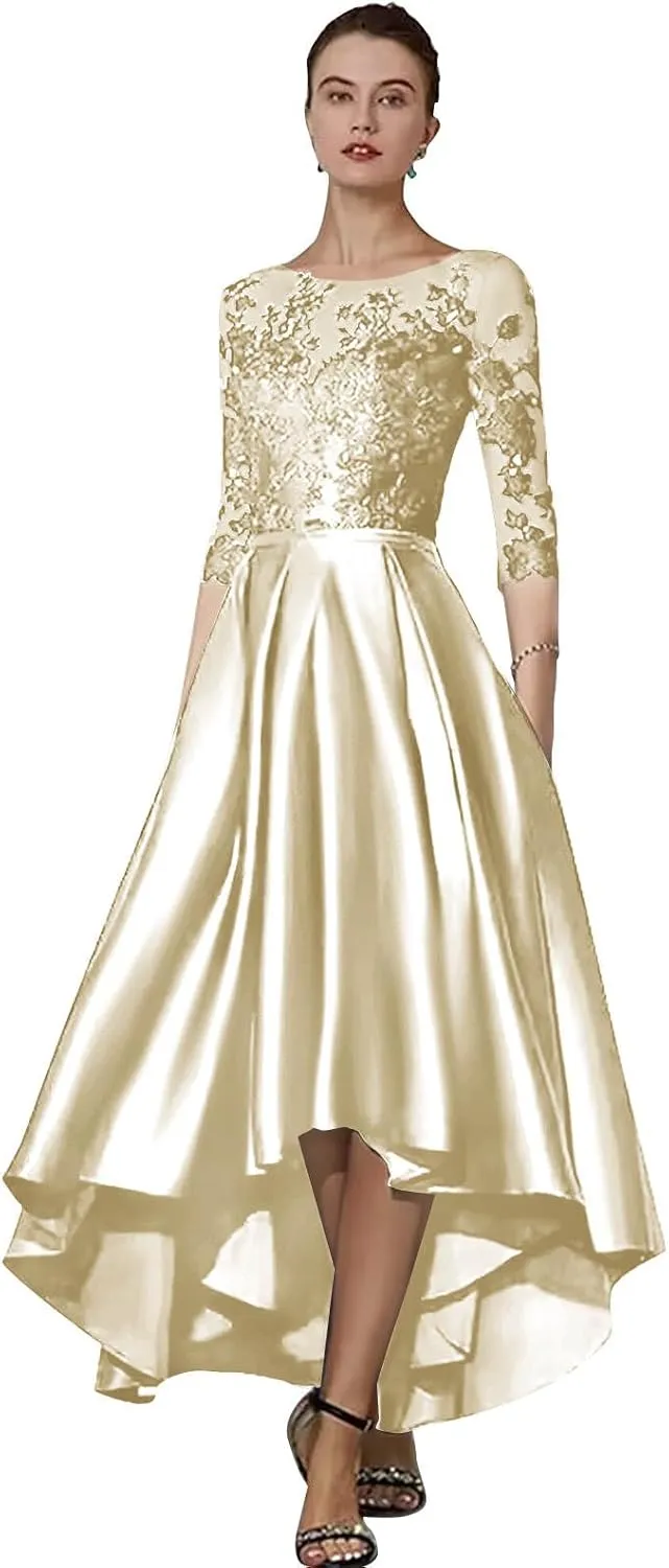 High Low Mother of The Bride Dresses with Pockets Lace Appliques Satin Formal Evening Party Gown