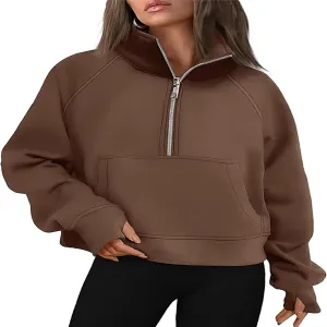 Hooded Sweatshirt Women Half Zip Oversized Sweatshirts Fleece Long Sleeve Solid Color Pullover