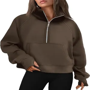 Hooded Sweatshirt Women Half Zip Oversized Sweatshirts Fleece Long Sleeve Solid Color Pullover