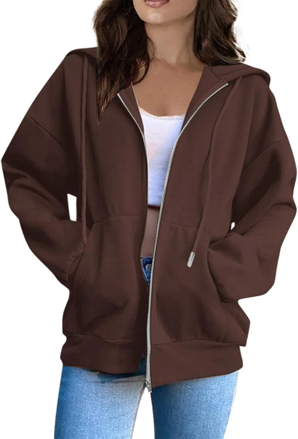 Hoodies for Women Casual Full Zip Up Plush Hoodie Loose Solid Sweatshirt Long Sleeve Jacket with Pockets